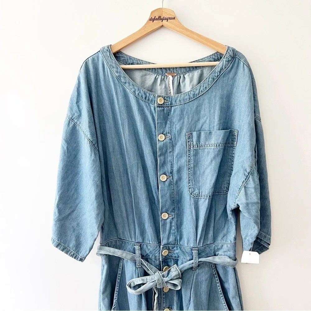 Free People Marley Medium Wash Denim Half Sleeve Jumpsuit